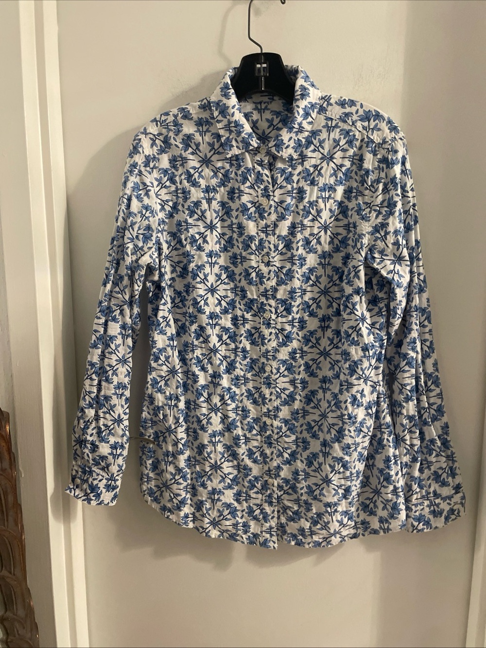 J.McLaughlin small Blue & White pucker Floral Cotton Button L/S Shirt Blouse